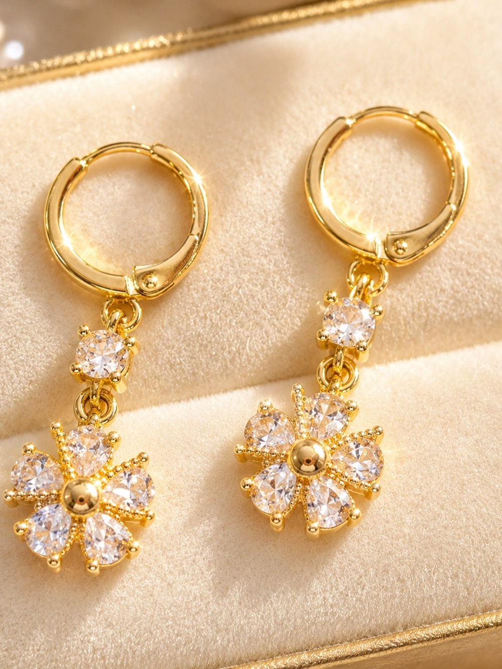 Gold Floral Hoop Drop Earrings with Clear Crystals